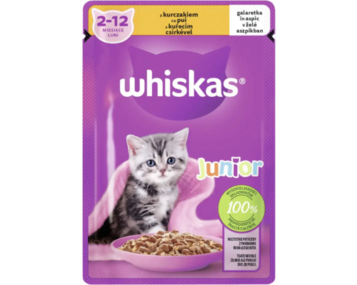 Hrană umedă pentru pisici Whiskas Junior cu pui în aspic 85 g Whiskas Junior hrană pentru pisici cu pui pentru pisoi de la 2 la 12 luni