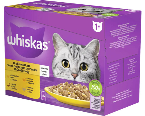 Hrană umedă pentru pisici Whiskas Adult cu pasăre în aspic 12x85 g