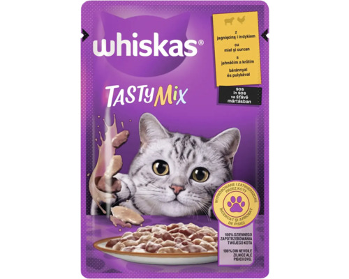 Hrană umedă pentru pisici Whiskas Adult Tasty Mix cu miel și curcan în sos 85 g