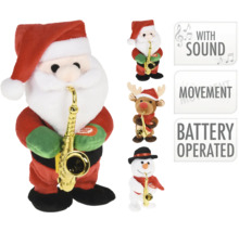Figurine animate de Crăciun cu sunet, mișcare și funcționare pe baterii: Moș Crăciun, ren și om de zăpadă cu saxofon