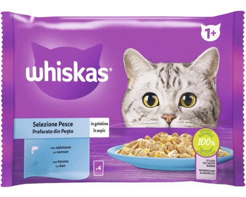 Hrană umedă pentru pisici Whiskas Adult cu somon și ton în aspic 4x85 g
