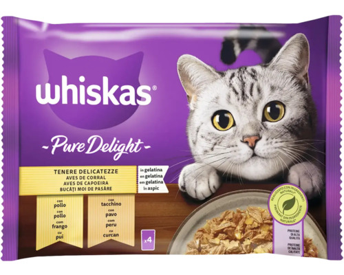 Hrană umedă pentru pisici Whiskas Adult Pure Delight cu pasăre în aspic 4x85 g