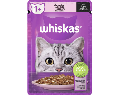 Hrană umedă pentru pisici Whiskas Adult cu somon în sos 85 g Whiskas hrană pentru pisici cu somon de la un an