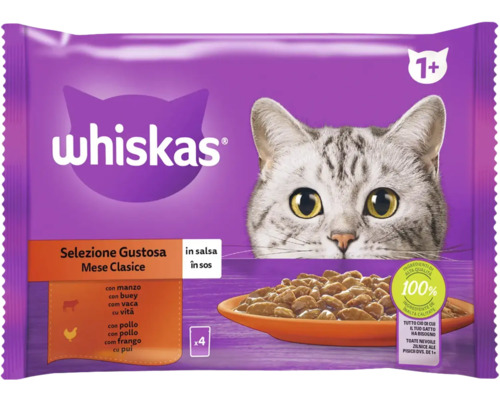 Hrană umedă pentru pisici Whiskas Adult Selecții clasice cu vită și pui în sos 4x85 g