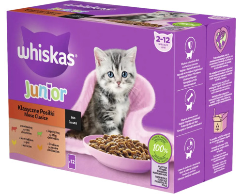 Hrană umedă pentru pisici Whiskas Junior Selecții clasice în sos de carne 12x85 g