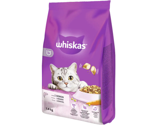 Hrană uscată pentru pisici Whiskas Adult cu somon 1,4 kg Hrană uscată pentru pisici Whiskas cu somon, ambalaj de 1,4 kilograme