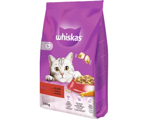 Hrană uscată pentru pisici Whiskas Adult cu vită 3,8 kg Hrană pentru pisici Whiskas pentru pisici adulte cu carne de vită, pachet de 3,8 kilograme