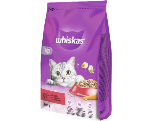 Hrană uscată pentru pisici Whiskas Adult cu vită 300 g Mâncare pentru pisici Whiskas pentru pisici cu vârsta peste un an, aromă de vită, pachet de 300 de grame