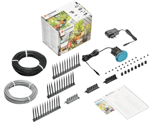 Set de irigare Gardena City Gardening cu control al udării, furtunuri, picurătoare și accesorii