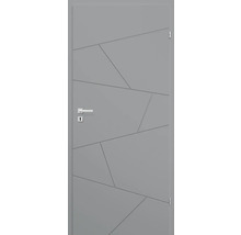 Ușă interioară gri cu design geometric, mâner și broască.