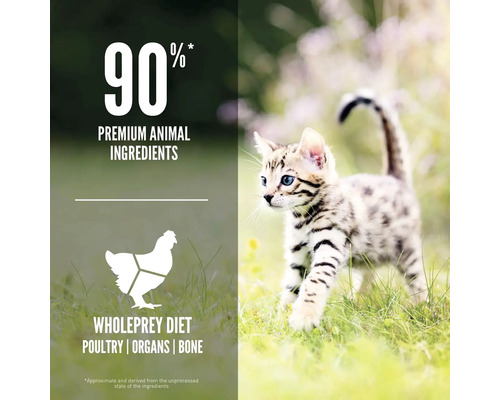 Hrană pentru pisici cu 90% ingrediente de origine animală și dietă Wholeprey cu carne de pasăre, organe și oase.