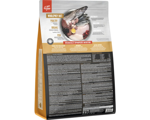 Ambalaj hrană pentru pisici Orijen cu inscripția Wholeprey Diet, carne de pasăre, organe și pește