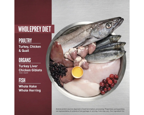 Dieta cu pradă întreagă cu carne de pasăre, organe și pește într-un bol