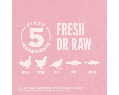 Cinci ingrediente proaspete sau crude: curcan, pui, prepeliță, merluciu, hering.