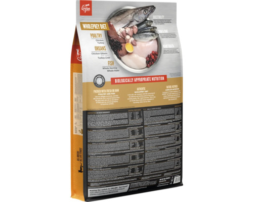 Spatele ambalajului de hrană pentru pisici Orjen Wholeprey cu carne de pasăre și pește