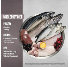 O selecție de ingrediente proaspete pentru dieta Wholeprey, inclusiv carne de pasăre, organe și pește.