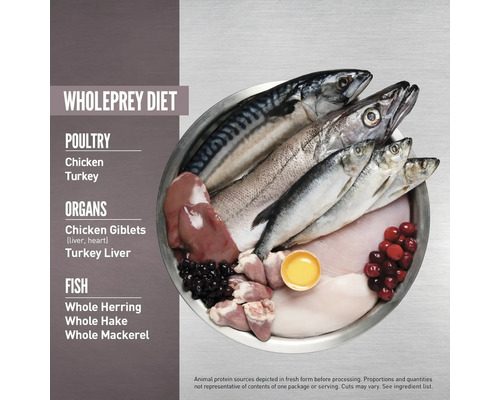 O selecție de ingrediente proaspete pentru dieta Wholeprey, inclusiv carne de pasăre, organe și pește.