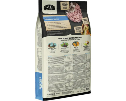 Partea din spate a ambalajului cu hrană pentru câini adulți Acana Adult Dog Recipe