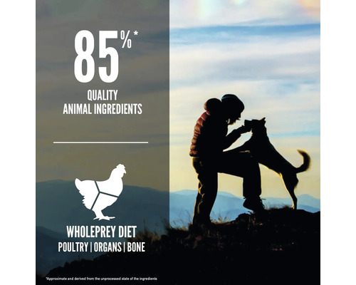 85% ingrediente de origine animală de calitate în hrana pentru câini cu carne de pasăre, organe și oase.