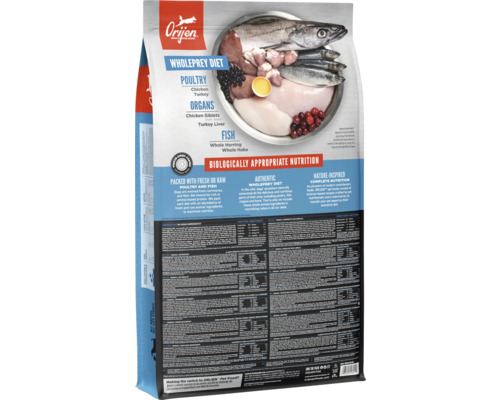 Sigla Orijen. Ambalaj cu hrană uscată pentru câini cu carne de pasăre și pește.