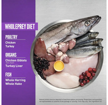 Un bol cu o dietă Wholeprey care conține carne de pasăre, organe și pește, inclusiv pui, curcan, măruntaie de pui, ficat de curcan, hering întreg și merluciu întreg.