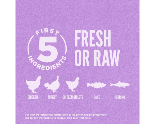 Cinci ingrediente proaspete sau crude: pui, curcan, organe de pui, merluciu, hering