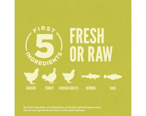 Ilustrație cu primele cinci ingrediente: pui, curcan, pipote de pui, hering, merluciu