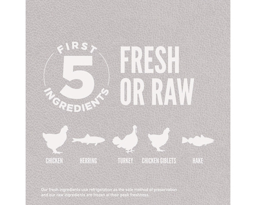 Ilustrație cu primele cinci ingrediente proaspete sau crude: pui, hering, curcan, organe de pui, merluciu