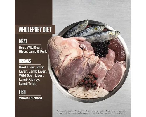 Un bol cu carne crudă, organe și sardine întregi pentru o dietă cu pradă integrală.