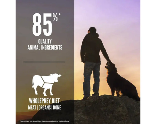 Hrană pentru câini cu 85% ingrediente de origine animală de înaltă calitate, dietă cu pradă întreagă: carne, organe și oase