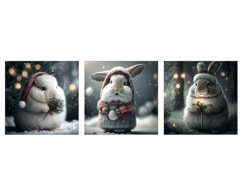 Set 3 tablouri canvas Rabbits Wintertime, 3x 25x25 cm