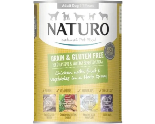 Hrană umedă pentru câini NATURO Adult cu pui, legume și fructe în sos fără cereale și gluten 390 g