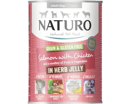Hrană umedă pentru câini NATURO Adult cu somon, pui, legume și fructe în jeleu fără cereale și gluten 390 g