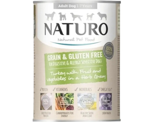 Hrană umedă pentru câini NATURO Adult cu curcan, legume și fructe în sos fără cereale și gluten 390 g