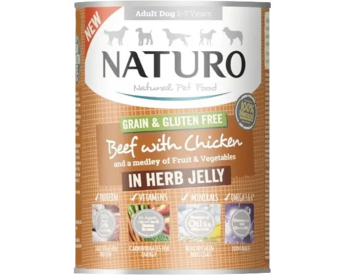 Hrană umedă pentru câini NATURO Adult cu vită, pui, legume și fructe în jeleu fără cereale și gluten 390 g