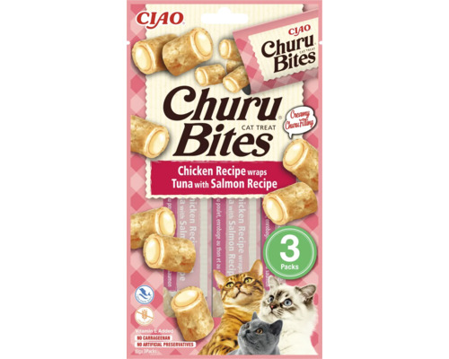Ciao Churu Bites gustare pentru pisici, rețetă de pui învelită în rețetă de ton și somon, 3 bucăți