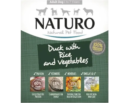 Hrană umedă pentru câini NATURO Adult cu rață, orez și legume fără cereale și gluten 400 g