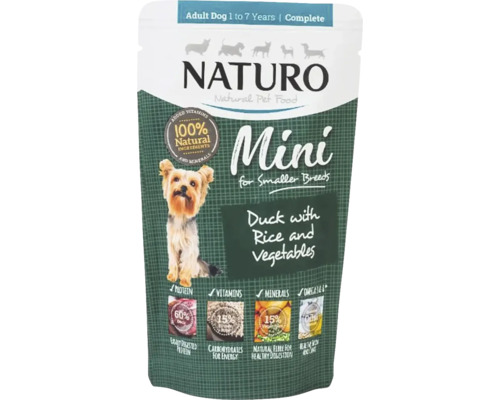 Hrană umedă pentru câini NATURO Adult Mini cu rață și orez fără cereale, gluten, lactoză și zahăr 150 g