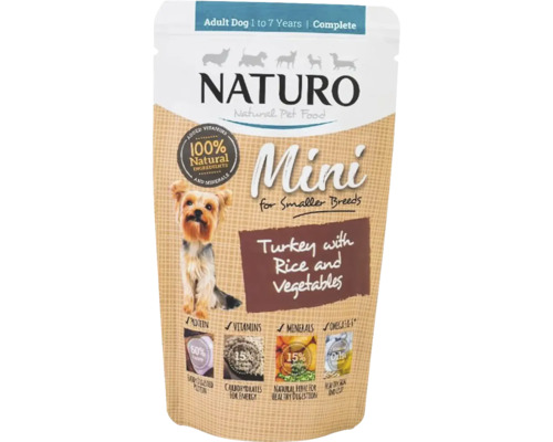 Hrană umedă pentru câini NATURO Adult Mini cu curcan și orez fără cereale, gluten, lactoză și zahăr 150 g