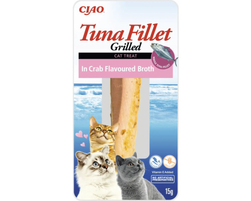 Recompensă pentru pisici CIAO File de ton la grătar în supă cu aromă de crab fără cereale, gluten, lactoză și zahăr 15 g