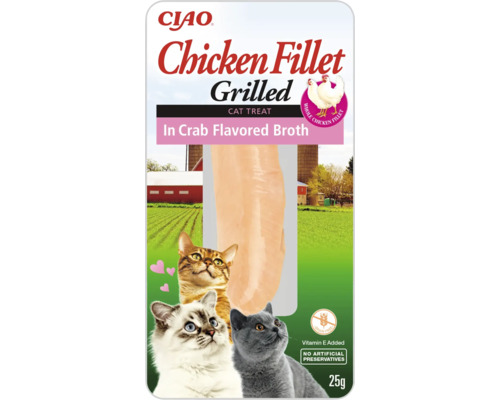 Recompensă pentru pisici CIAO File de pui la grătar în supă cu aromă de crab fără cereale, gluten, lactoză și zahăr 25 g