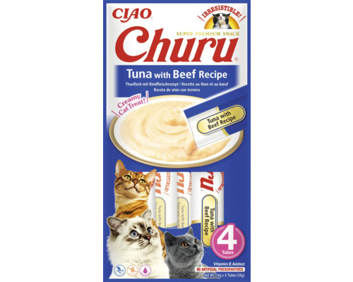 Recompensă pentru pisici cremoasă CIAO Churu cu ton și vită fără cereale, gluten, lactoză și zahăr 4x14 g