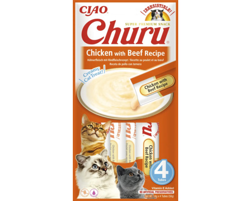 Recompensă pentru pisici cremoasă CIAO Churu cu pui și vită fără cereale, gluten, lactoză și zahăr 4x14 g