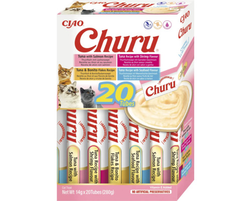 Recompensă pentru pisici cremoasă CIAO Churu cu fructe de mare fără cereale, gluten, lactoză și zahăr 20x14 g