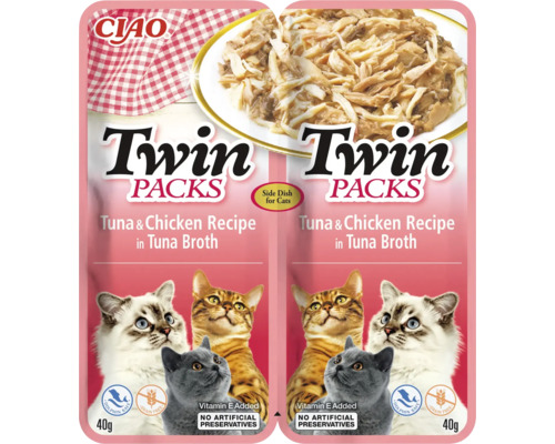 Recompensă pentru pisici CIAO Cat Twin cu pui în supă de ton fără cereale, gluten, lactoză și zahăr 80 g