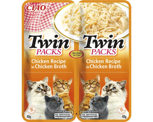 Recompensă pentru pisici CIAO Cat Twin cu pui în supă de pui fără cereale, gluten, lactoză și zahăr 80 g