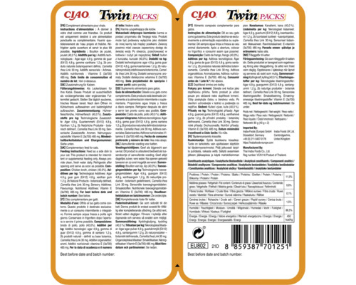 Ciao Twin Packs informații despre ingredientele și instrucțiunile de hrănire pentru hrana pisicilor
