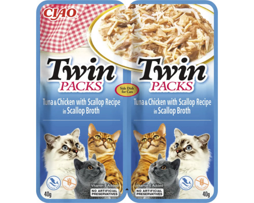 Recompensă pentru pisici CIAO Cat Twin cu pui și ton în supă de scoici fără cereale, gluten, lactoză și zahăr 80 g