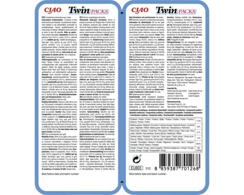 Etichetă Ciao Twin Packs pentru hrana pisicilor, cu ingrediente și informații nutriționale.