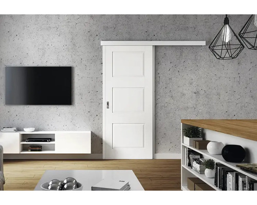 Living cu ușă glisantă, televizor și rafturi.